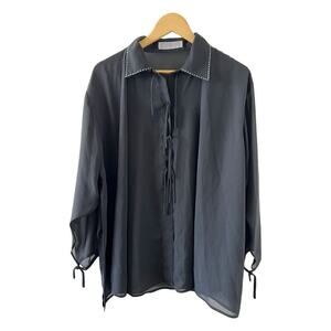 Biyan Silk Black Sheer Blouse Size Medium Long Sleeve Flowy Boho